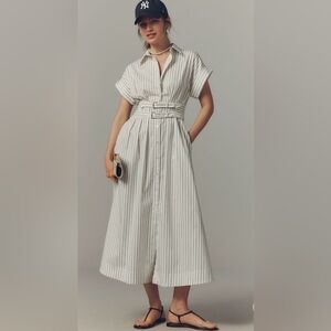 Button-Front White Stripe Shirt Dress with Belt